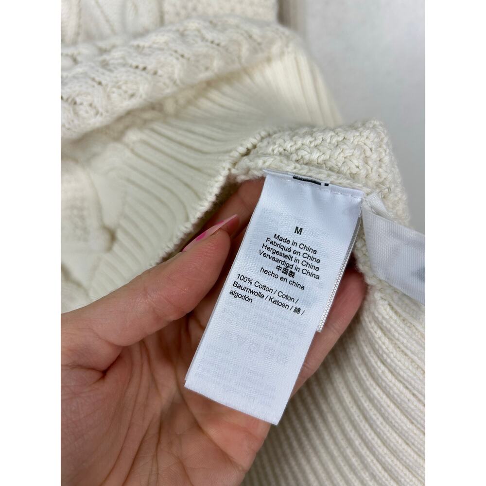 J. Crew Mock Neck Pom Pom Cable Knit Sweater White Medium Preppy Old Money - Picture 7 of 8